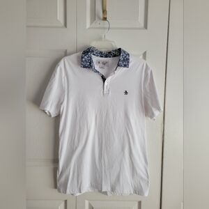 Original Penguin White Polo Shirt With Red White And Blue Floral Collar Size M